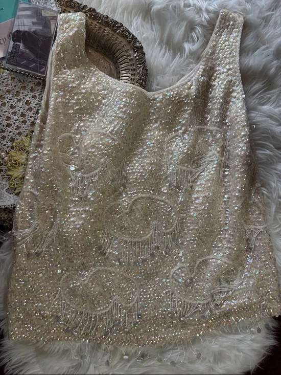 Vintage 60’s Beaded Sequins Cream Pastel Large Wool Embellished Bridal 50’ Large - Picture 1 of 17